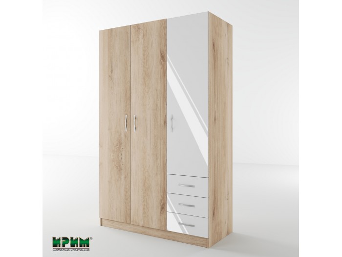 Трикрилен гардероб с чекмеджета Сити 1028 (бяло гланц/сонома арвен)